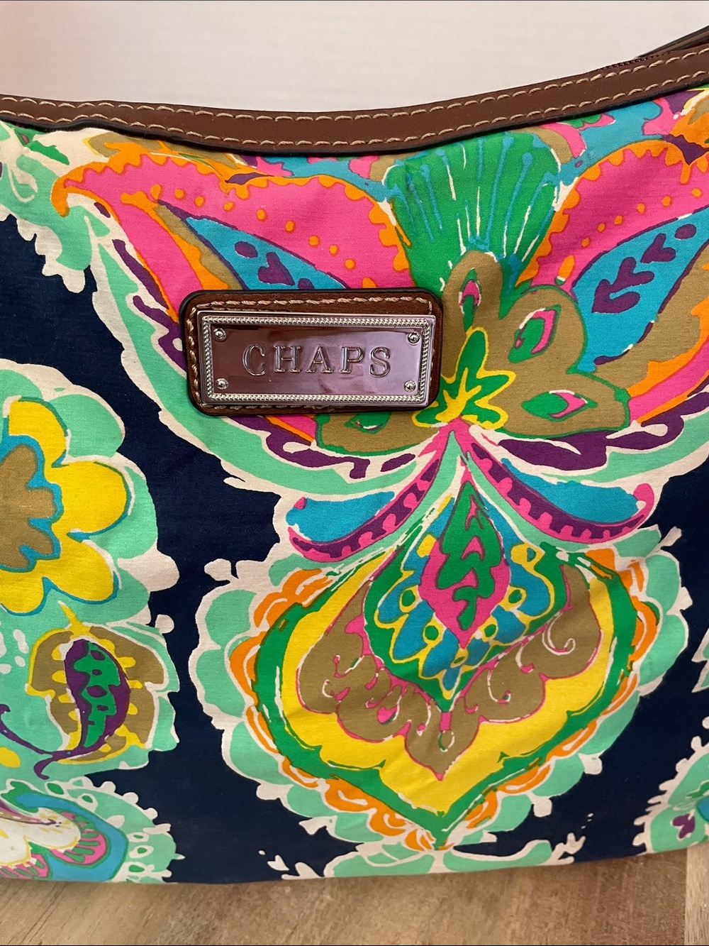 CHAPS Multicolor Floral Tote — Navy, Pink & Yellow Accents